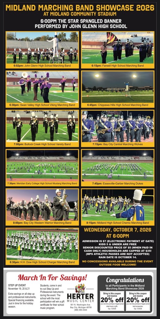 Image shows performance flyer for Midland Marching Band Showcase